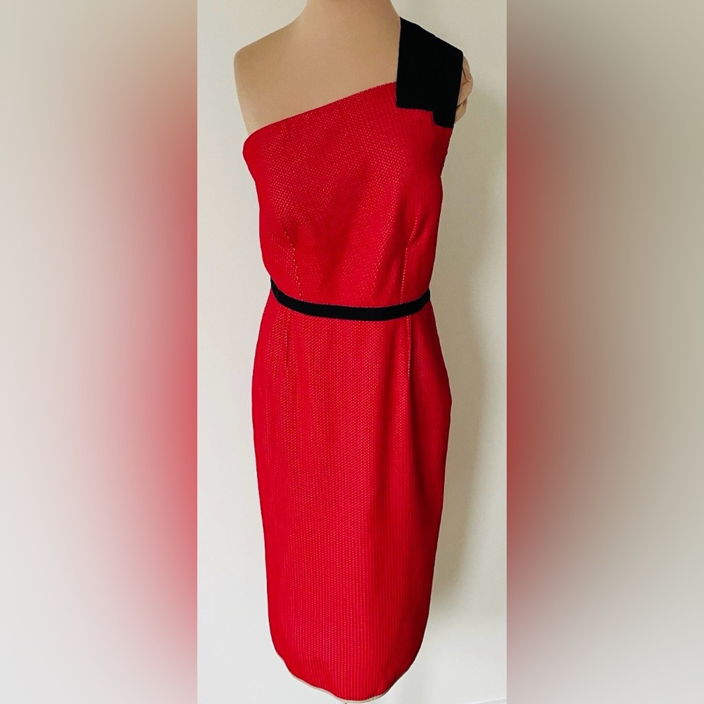 Roland Mouret One-Shoulder Red, cream, and Black Dress.